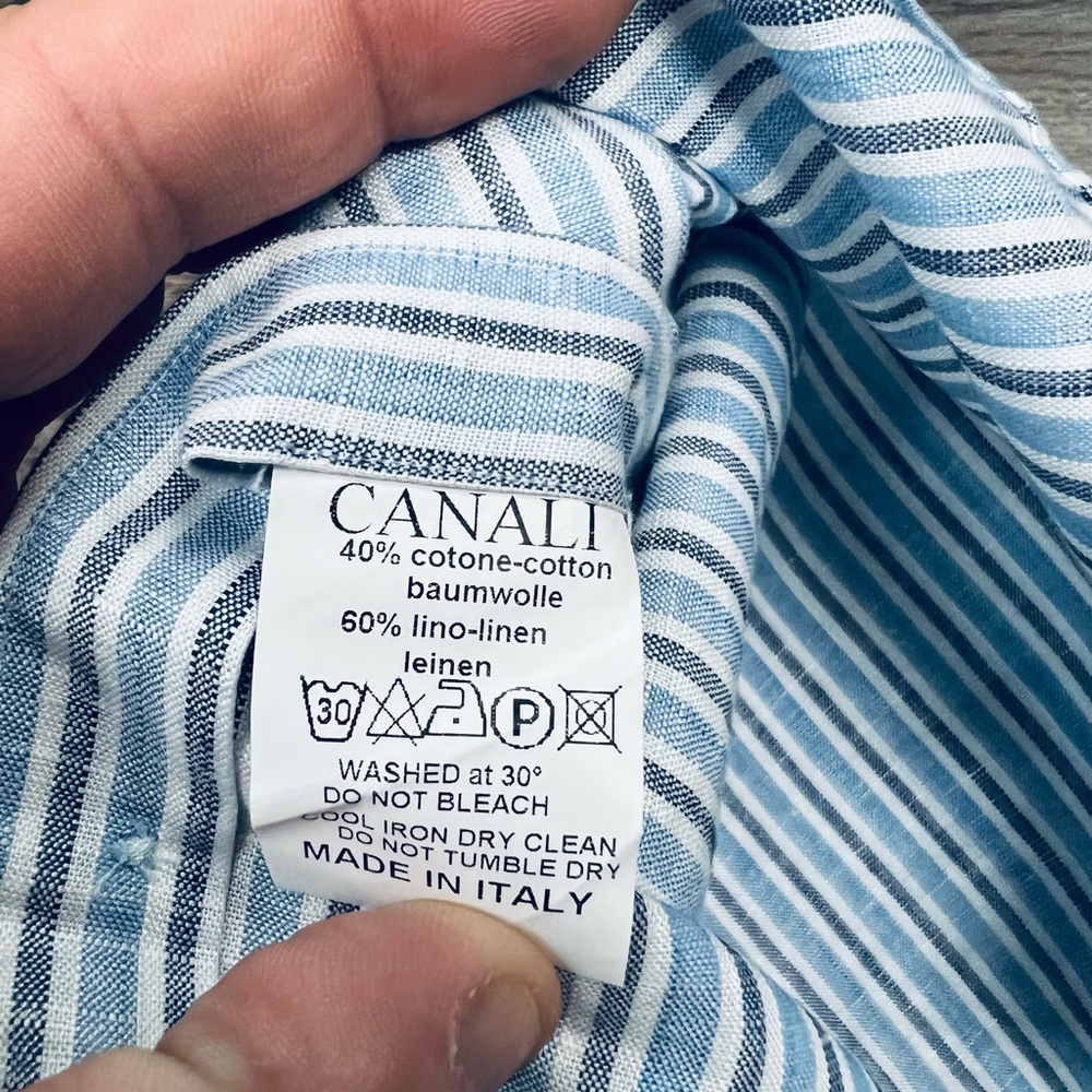 Canali Blue, White & Navy Stripe Linen Shirt L - Picture 5 of 5
